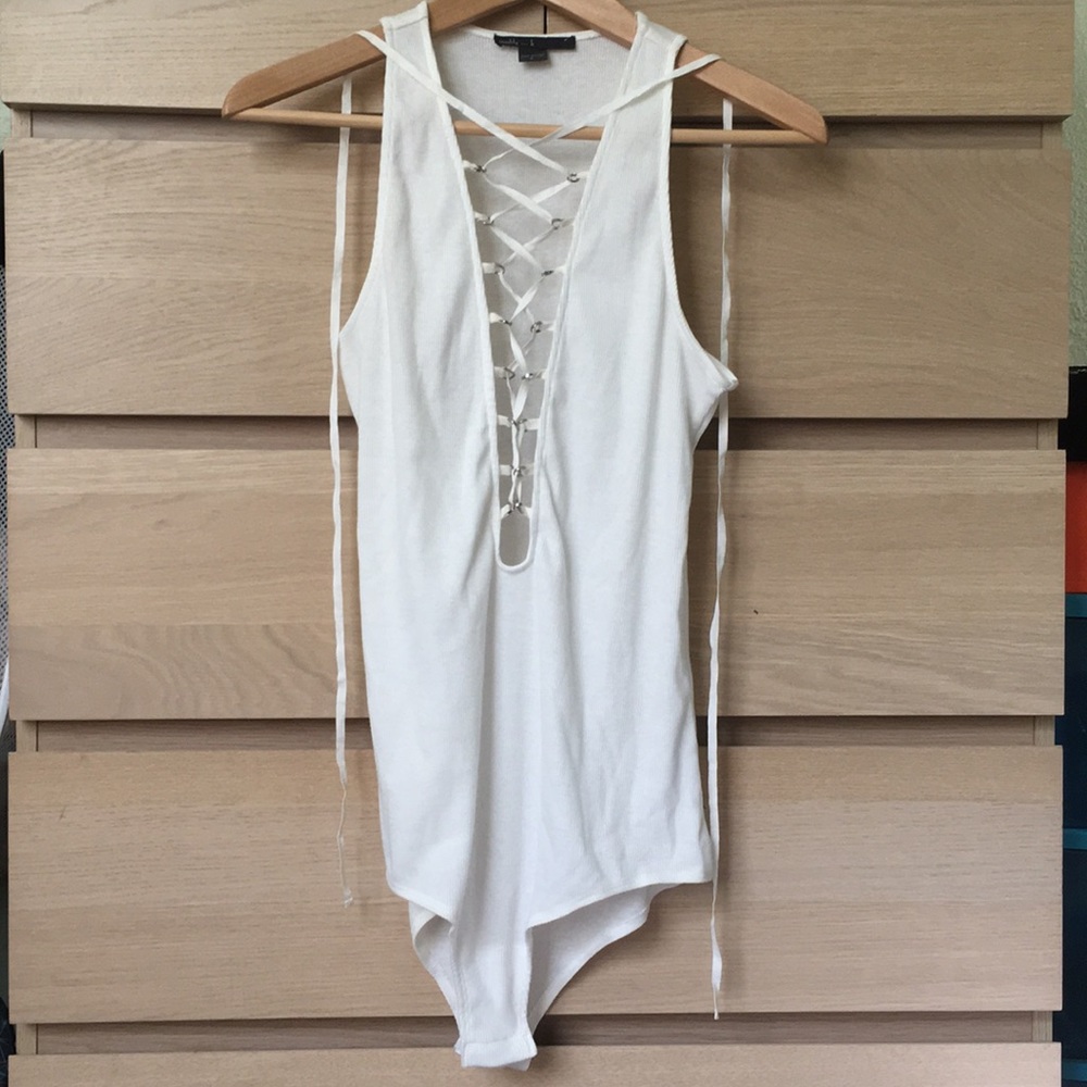 New Lace up deep v neck white bodysuit